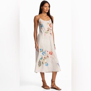 Johnny Was Linen Modern Slip Dress Small S Maxi Beige Embroidered Beach Vacation